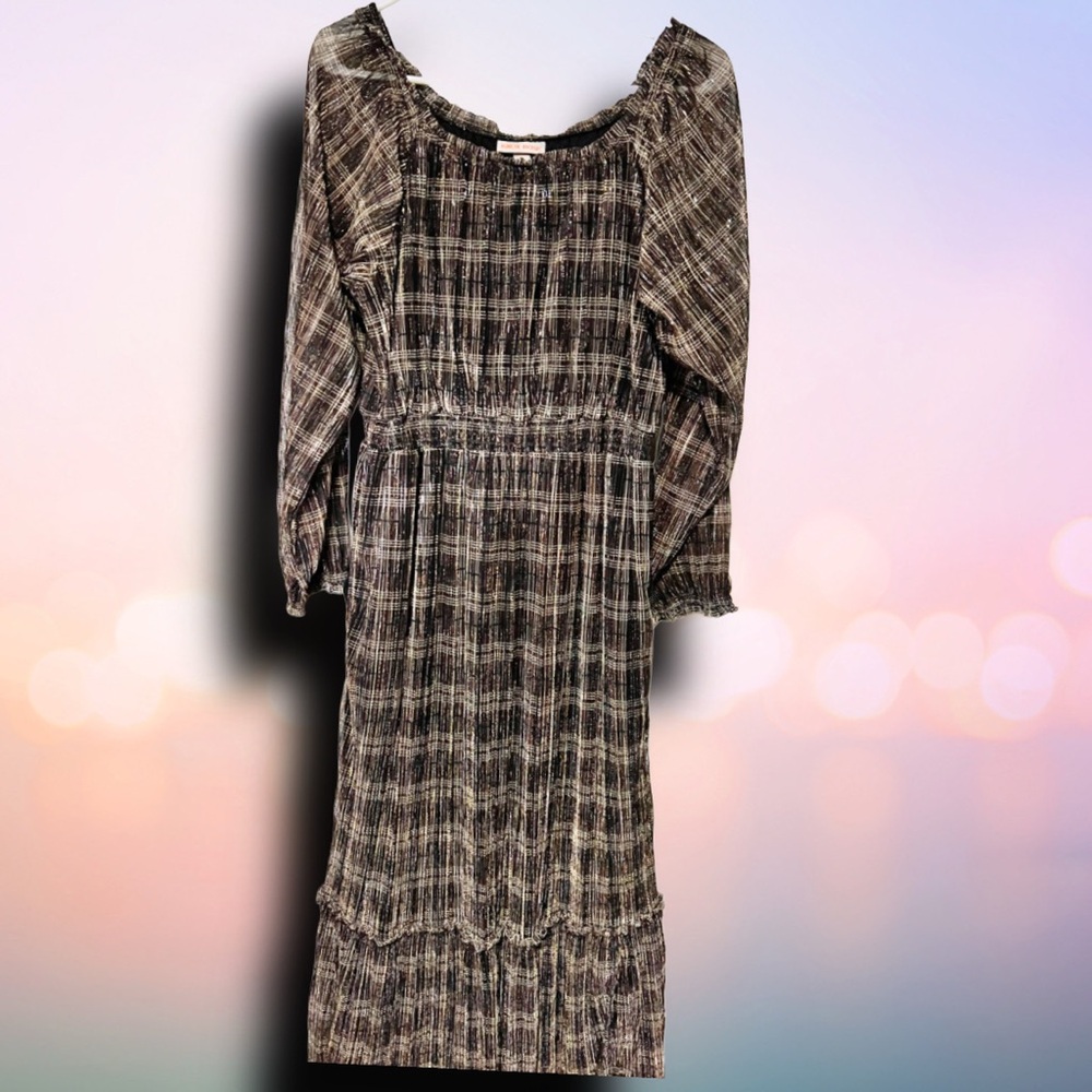 Knox Rose Plaid Metallic Shimmer Peasant Midi Dress Brown Gold Size M Pockets - Picture 3 of 7